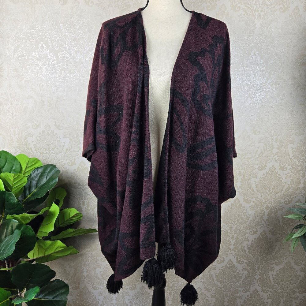 Cleobella Sevigny Burgundy & Black Open Front Loose Cardigan Pompom Tassels